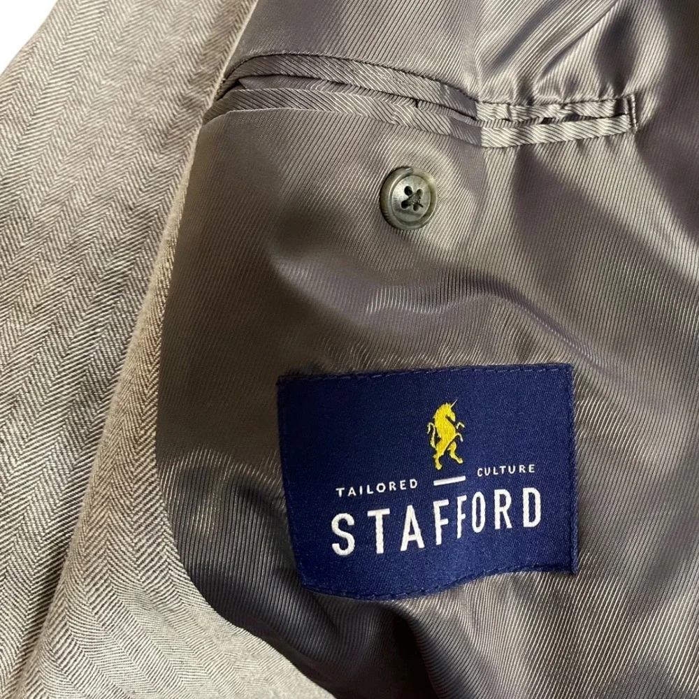 Stafford Signature Mens 58 Big & Tall Grey Herringbone Linen Cotton Sport Coat